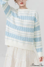 Creamy Stripe Cable-Knit Loose Sweater