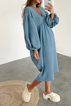 Crepe V Neck Puff Sleeve Loose Dress