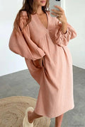 Crepe V Neck Puff Sleeve Loose Dress
