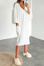 Crepe V Neck Puff Sleeve Loose Dress