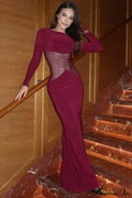 Crewneck Pullover Mesh Panel Bodycon Maxi Dress