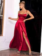 Crimson Elegance Stylish Satin Maxi Dress