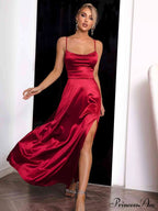 Crimson Elegance Stylish Satin Maxi Dress