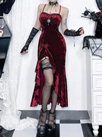 Crimson Velvet Separated Spaghetti Strap Midi Dress