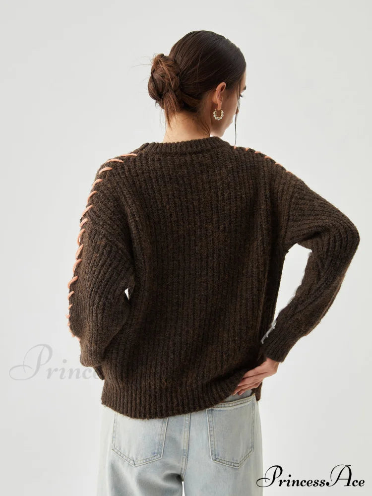 Crocheted Contrast Trim Trendy Ribbed Knit Sweater