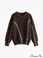 Crocheted Contrast Trim Trendy Ribbed Knit Sweater