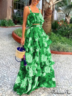 Crop Ruffles Flowered Skirt Two-Piece Tank Design Set