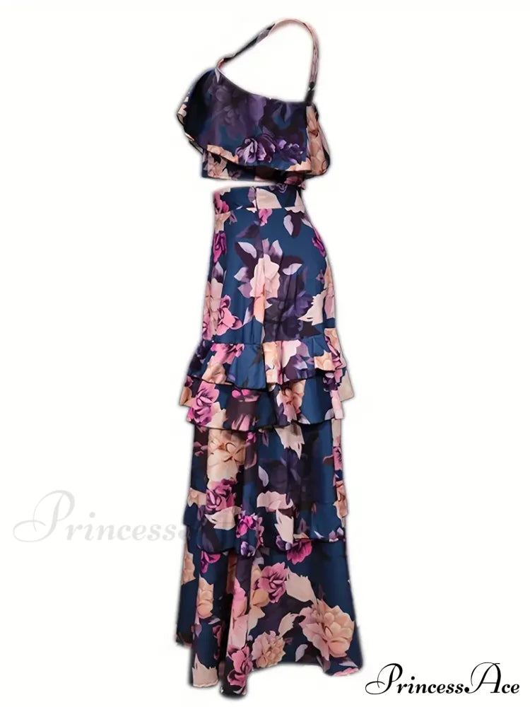 Crop Ruffles Flowered Skirt Two-Piece Tank Design Set