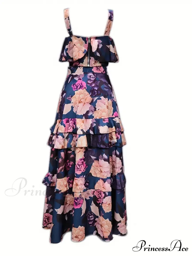 Crop Ruffles Flowered Skirt Two-Piece Tank Design Set