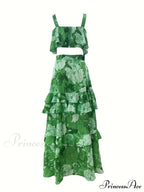 Crop Ruffles Flowered Skirt Two-Piece Tank Design Set