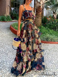 Crop Ruffles Flowered Skirt Two-Piece Tank Design Set