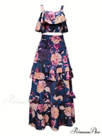 Crop Ruffles Flowered Skirt Two-Piece Tank Design Set