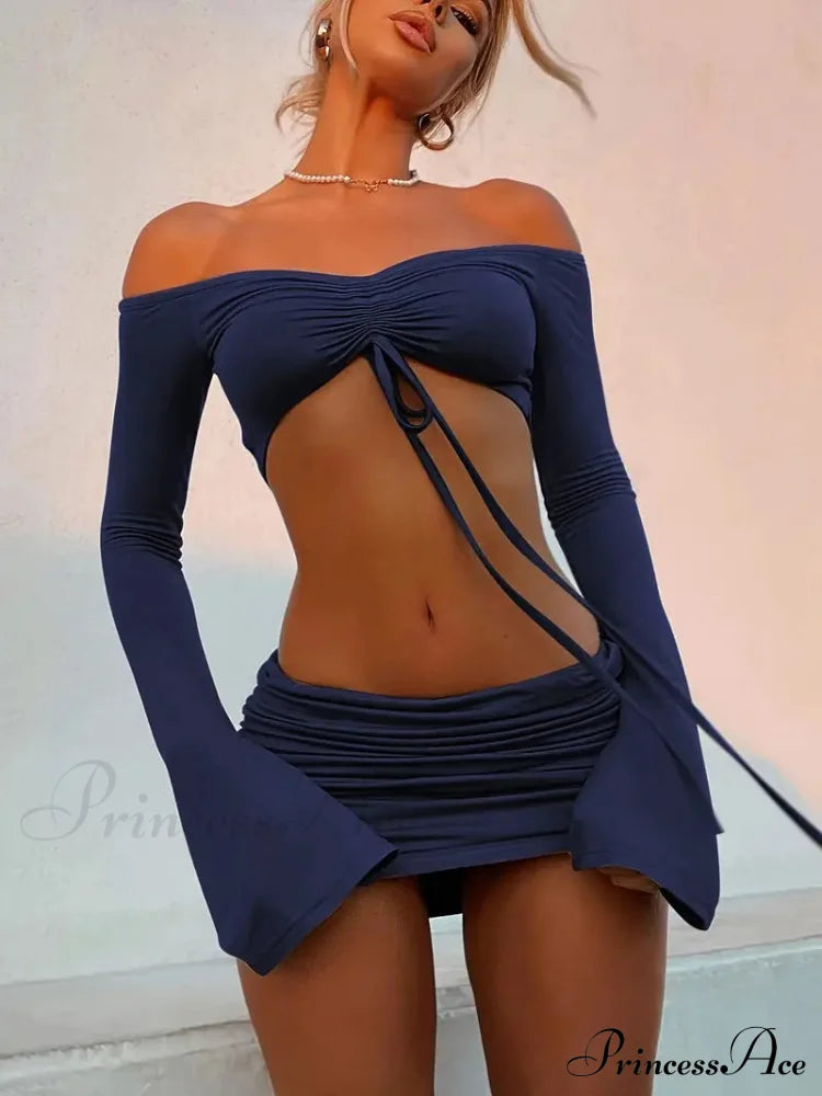 Crop Top and Bodycon Skirt Set with Drawstring and Ruched Detail