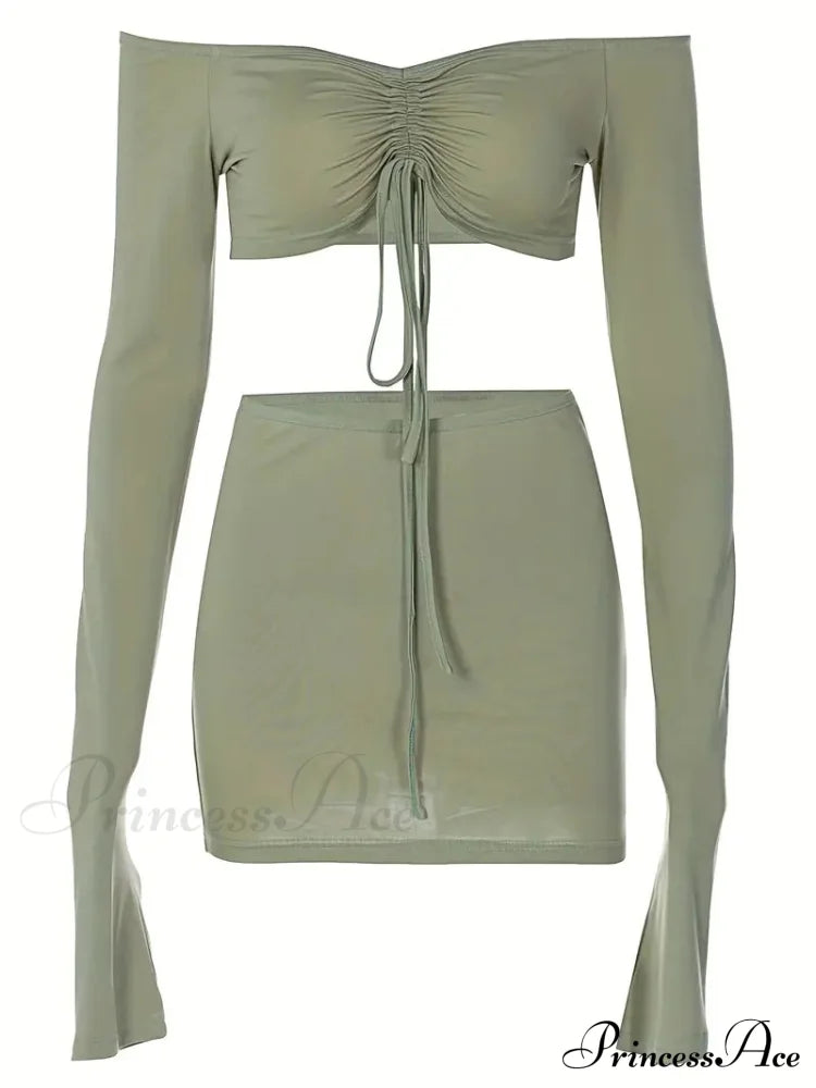 Crop Top and Bodycon Skirt Set with Drawstring and Ruched Detail