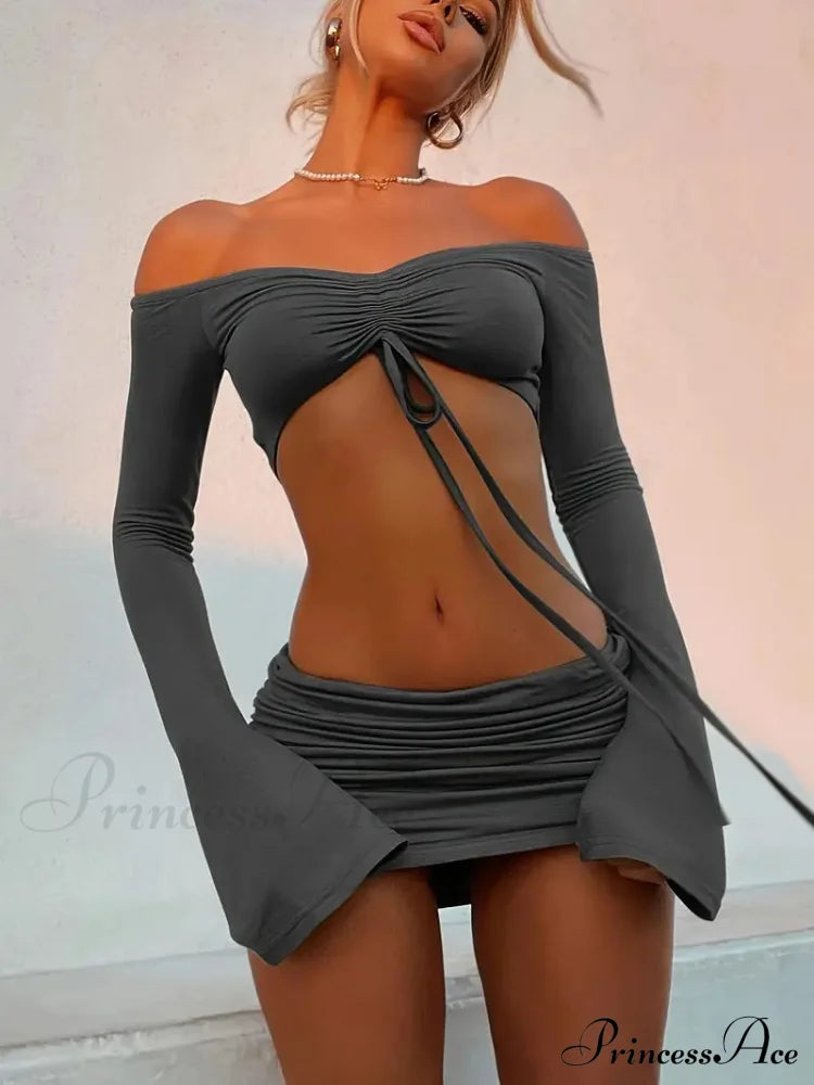 Crop Top and Bodycon Skirt Set with Drawstring and Ruched Detail