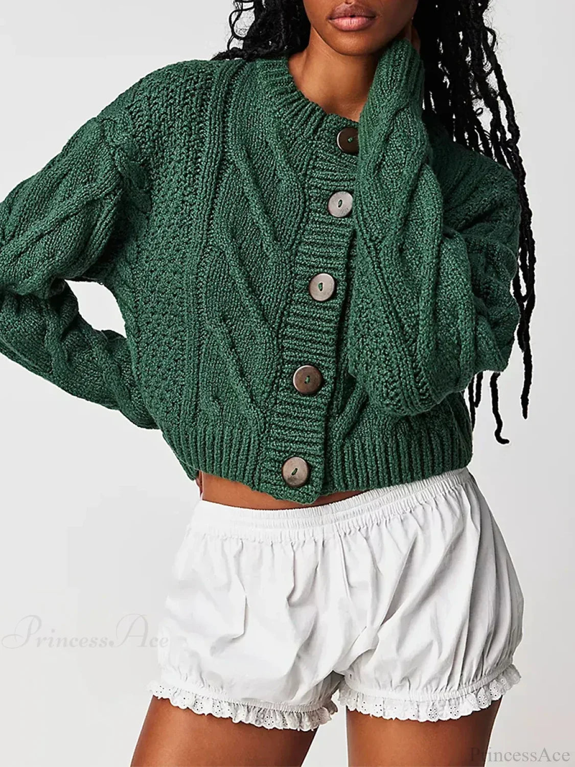 Cropped Cable Knit Button-Down Cardigan