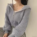 Cropped Hooded Hollow Out Knit Cardigan
