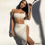 Cropped One Shoulder High Slit Classic Skirt Matching Set - Pink