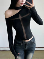 Cross Mesh Patchwork Knit Top