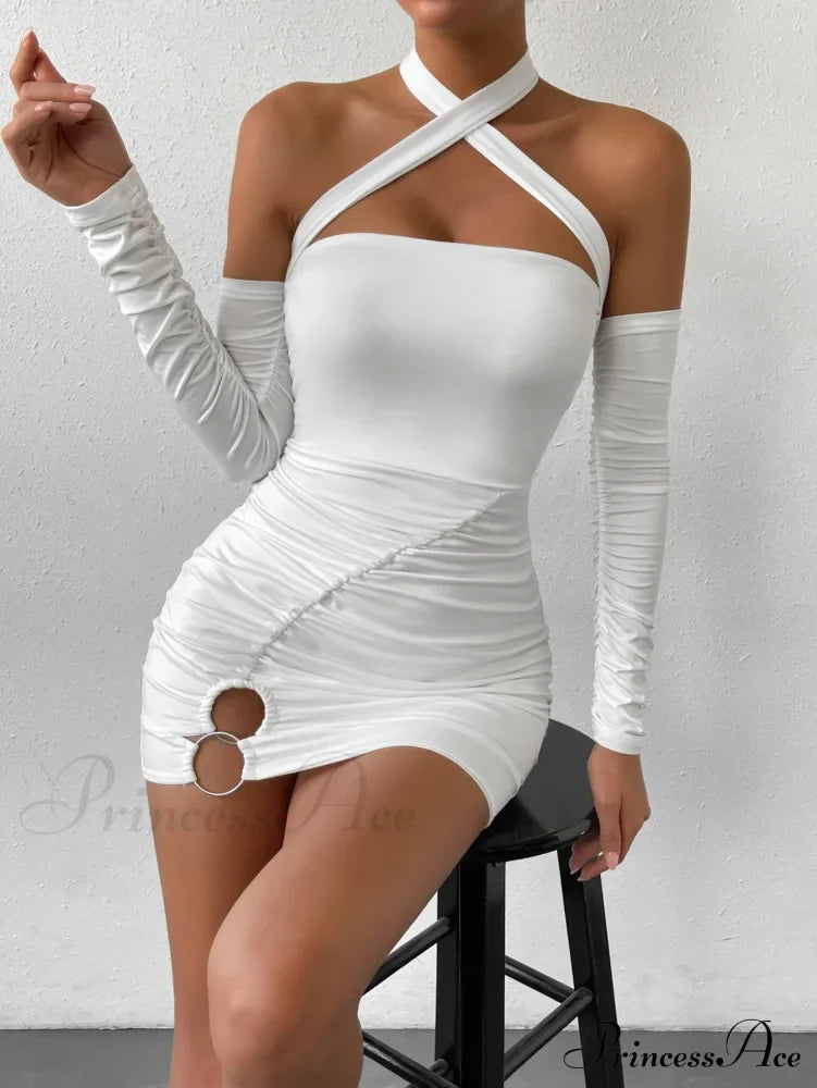 Cross Neck Hanging Bodycon Mini Off Shoulder Long Sleeve Hollow Out Back Pleated Wrapped Hip Skirt Cut Out Dress