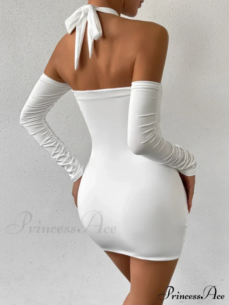 Cross Neck Hanging Bodycon Mini Off Shoulder Long Sleeve Hollow Out Back Pleated Wrapped Hip Skirt Cut Out Dress
