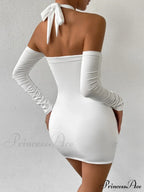 Cross Neck Hanging Bodycon Mini Off Shoulder Long Sleeve Hollow Out Back Pleated Wrapped Hip Skirt Cut Out Dress