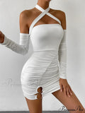 Cross Neck Hanging Bodycon Mini Off Shoulder Long Sleeve Hollow Out Back Pleated Wrapped Hip Skirt Cut Out Dress