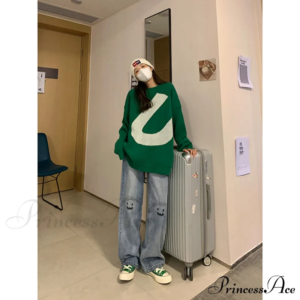 Cute Emoji Face Wide Leg Personalized Jeans