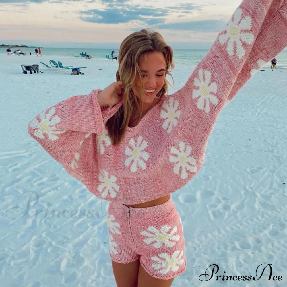 Cute Floral Print Pullover Knit Classic Shorts Matching Set - Khaki