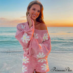 Cute Floral Print Pullover Knit Classic Shorts Matching Set - Khaki