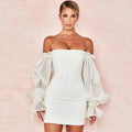 Cute Off Shoulder Puff Sleeve Bodycon Party Mini Dress - White