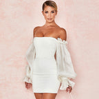 Cute Off Shoulder Puff Sleeve Bodycon Party Mini Dress - White