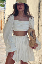 Cute Puff Sleeve Ruched Crop High Waist Two Piece Mini Dress - Off White