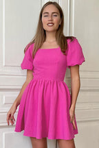Cute Square Neck Puff Sleeve Fit & Flare Textured Skater Mini Dress - Hot Pink