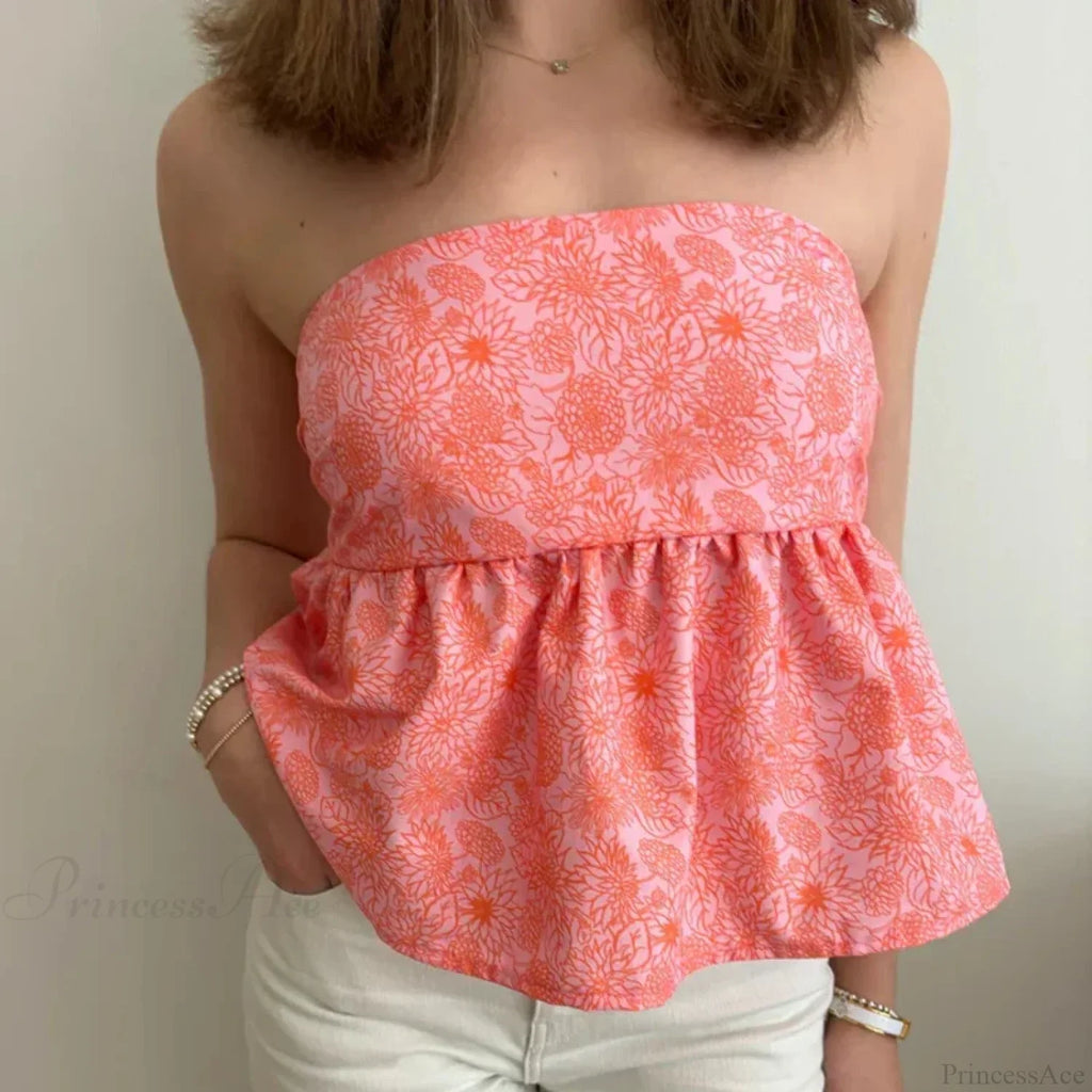 Cute Summer Floral Strapless Bandeau 00s Backless Tie Up Bodydoll Y2K Crop Top