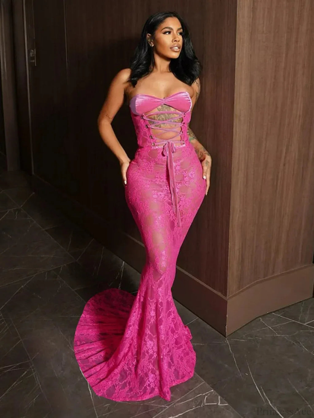 Cutenew Lace Patchwork Maxi Party Dress