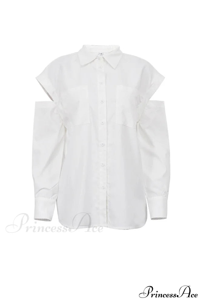 Cutout Long Tops Blouse White with Sleeves