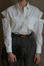 Cutout Long Tops Blouse White with Sleeves