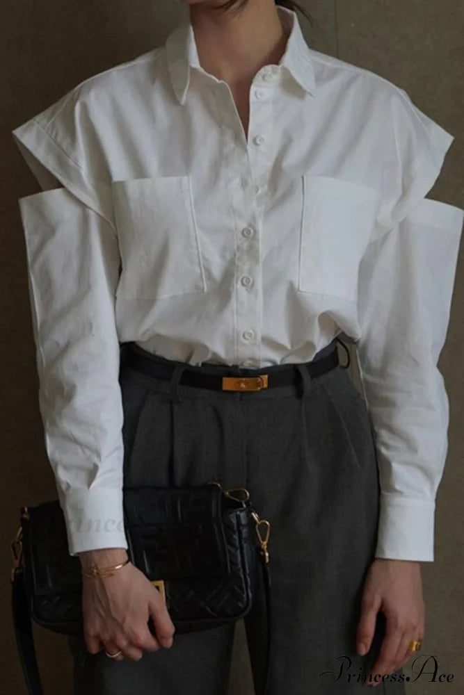 Cutout Long Tops Blouse White with Sleeves