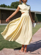 Cutout Waist Pocketed Charming Vacation Midi Dress