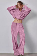 Vintage Drawstring Crop Top and Wide Leg Pants Two Piece Set