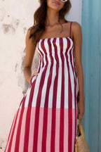 Striped Print Camisole Pleated Holiday Midi Dress