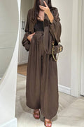 Brown Jacket + Drawstring Pants Casual Two-piece Suit