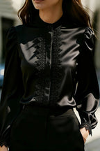 Solid Color Satin Lace Patchwork Casual Long-sleeved Shirt