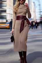 Tie-waisted elegant long woolen dress