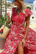 Oriana Boutique Summer in Greece Boho Print, Ruffle Sleeves, Elastic Waist, High Low Midi Dress Premium Wardrobe Essential