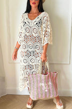 Fashionable Openwork Crochet Loose Round Neck Casual Midi Dress