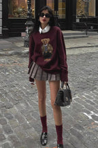 Retro Bear Embroidered Slim Knit Sweater