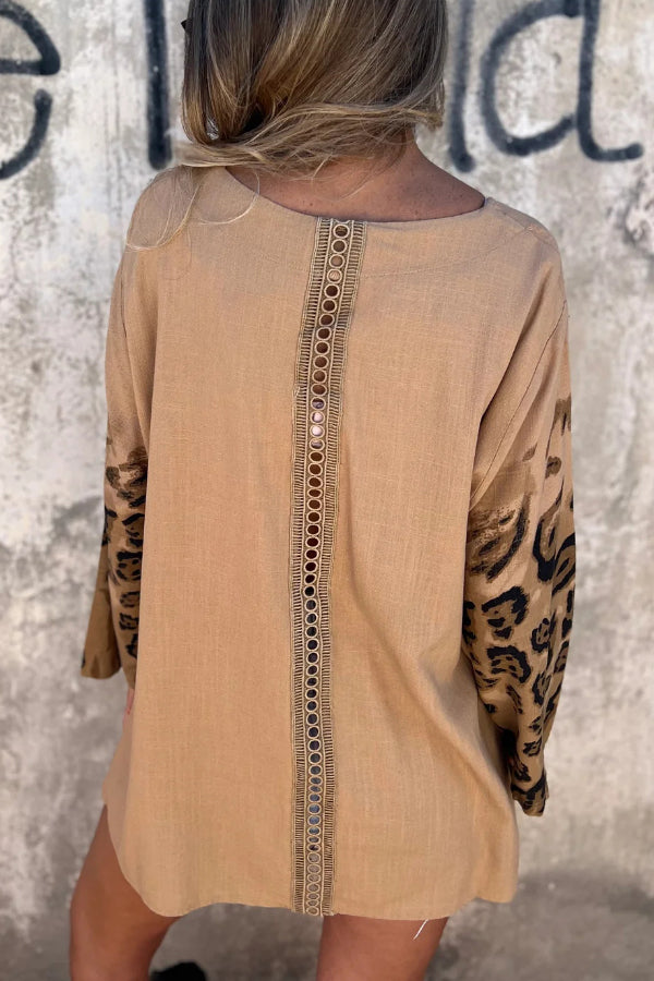 Leopard Print Loose-fitting Round Neck Long-sleeved Casual Top