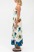 Summer Printed Square Neck Spaghetti Strap Pleated Waist Casual Maxi Dress
